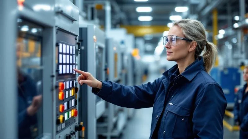 Ausbilder im Maschinenbau-Werk Mönchengladbach erklärt einer Auszubildenden eine Steuerungseinheit