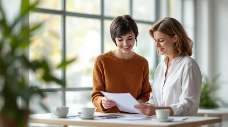 Zwei Kolleginnen besprechen Unterlagen in einem Buero am Niederrhein