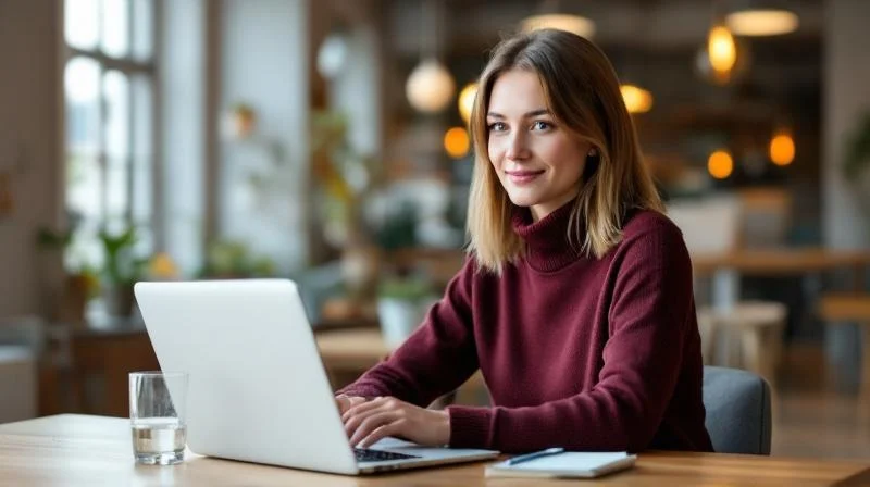 Frau in Teilzeit am Laptop in einem hellen Buero in Moenchengladbach, konzentriert auf ihre Weiterbildung