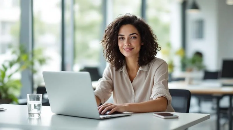 Frau arbeitet am Laptop in einem hellen Buero in Moenchengladbach an einer KI-Weiterbildung