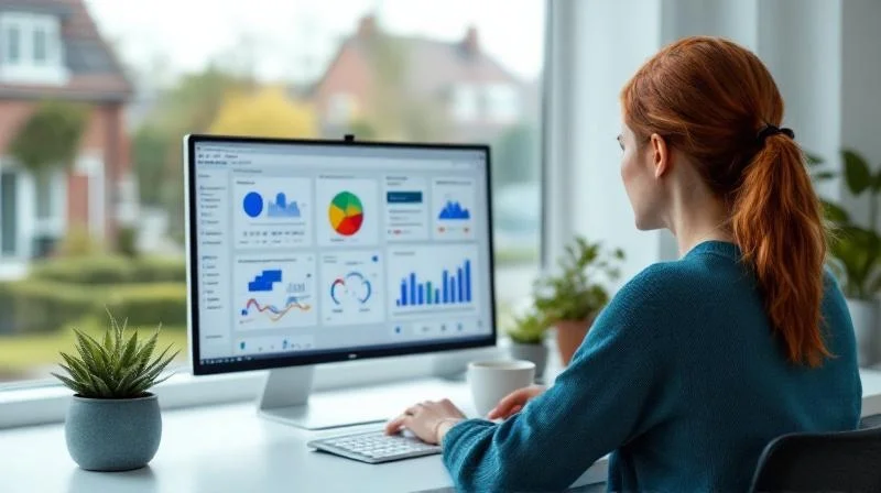 Quereinsteiger im Homeoffice mit Bildschirm voller Datenanalysen, Niederrhein-Industriegebiet im Hintergrund
