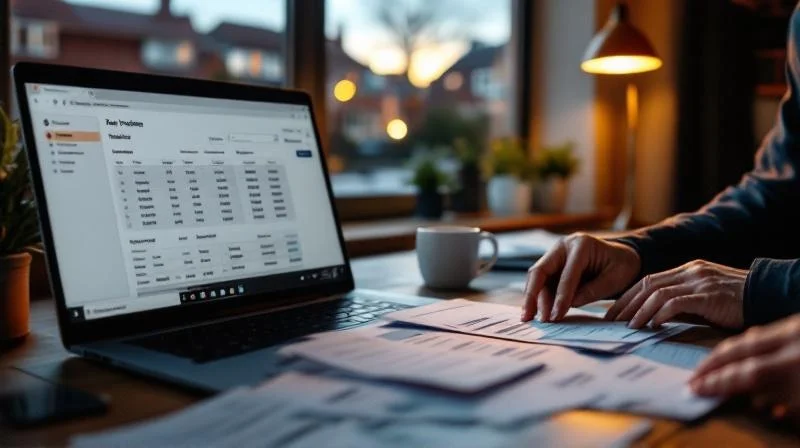 Schreibtisch mit Steuerunterlagen, Laptop und Kaffee am Abend in Mönchengladbacher Wohnung
