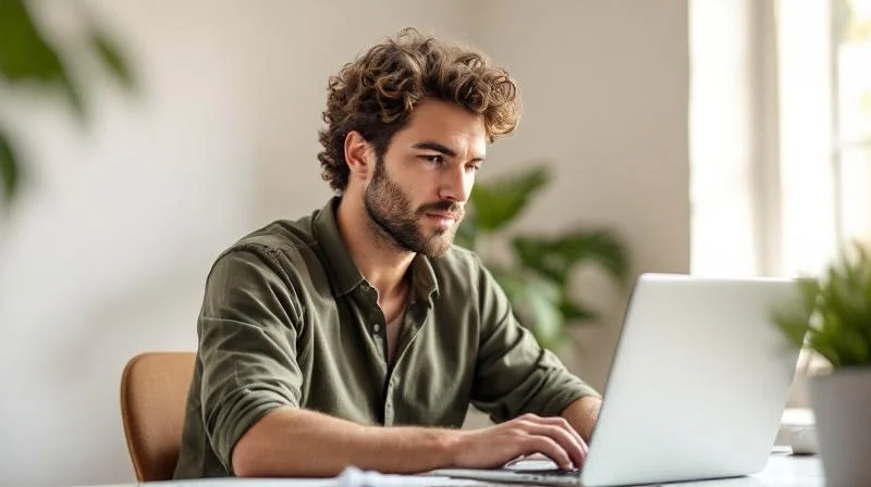 Mann plant seinen beruflichen Neuanfang am Laptop in Moenchengladbach