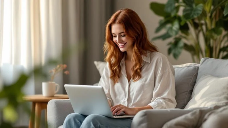 Frau lernt am Laptop in einem hellen Wohnzimmer in Moenchengladbach