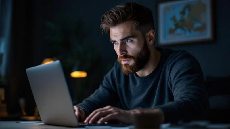 Mann lernt abends am Laptop in einer Wohnung in Moenchengladbach